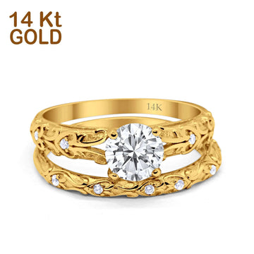 14K Yellow Gold Art Deco Round Two Piece Bridal Set Ring Engagement Band Simulated CZ Size 7